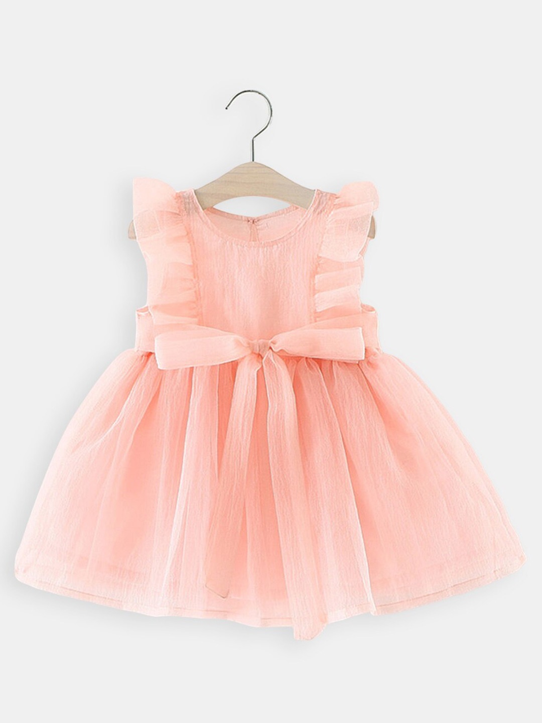 

Hopscotch Girls Peach-Coloured Ruffled Sleeveless Net Dress