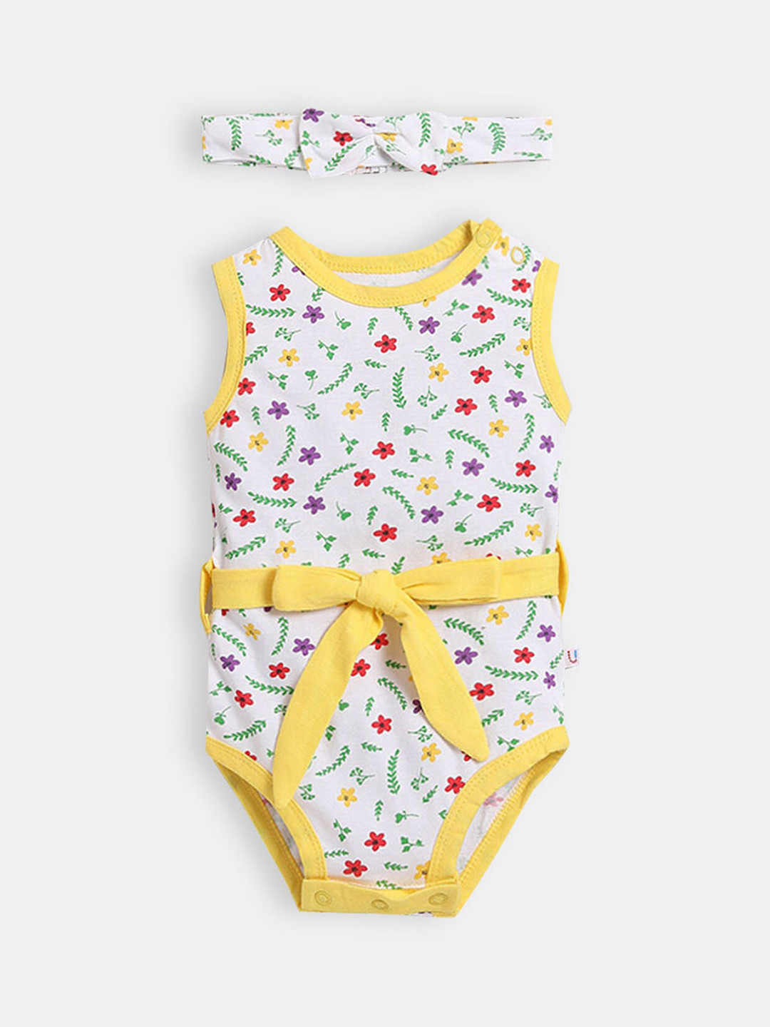 

Hopscotch Girls Yellow & White Printed Pure Cotton Rompers With Headband