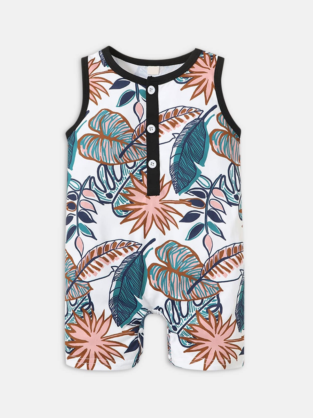 

Hopscotch Infant Boys White Printed Rompers, Multi