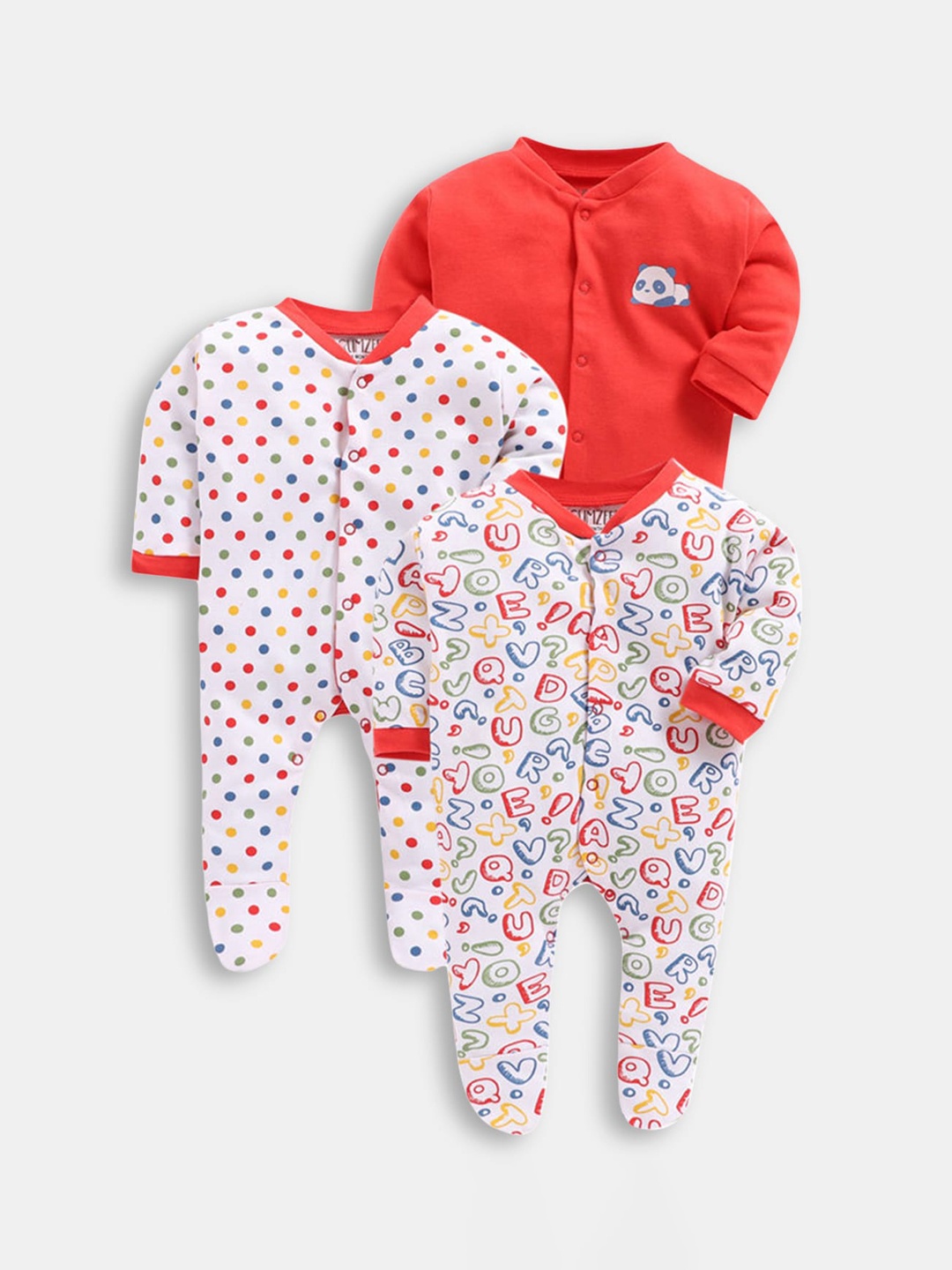 

Hopscotch Boys Pack of 3 Pure Cotton Printed Full-Sleeve Footie Rompers, Red