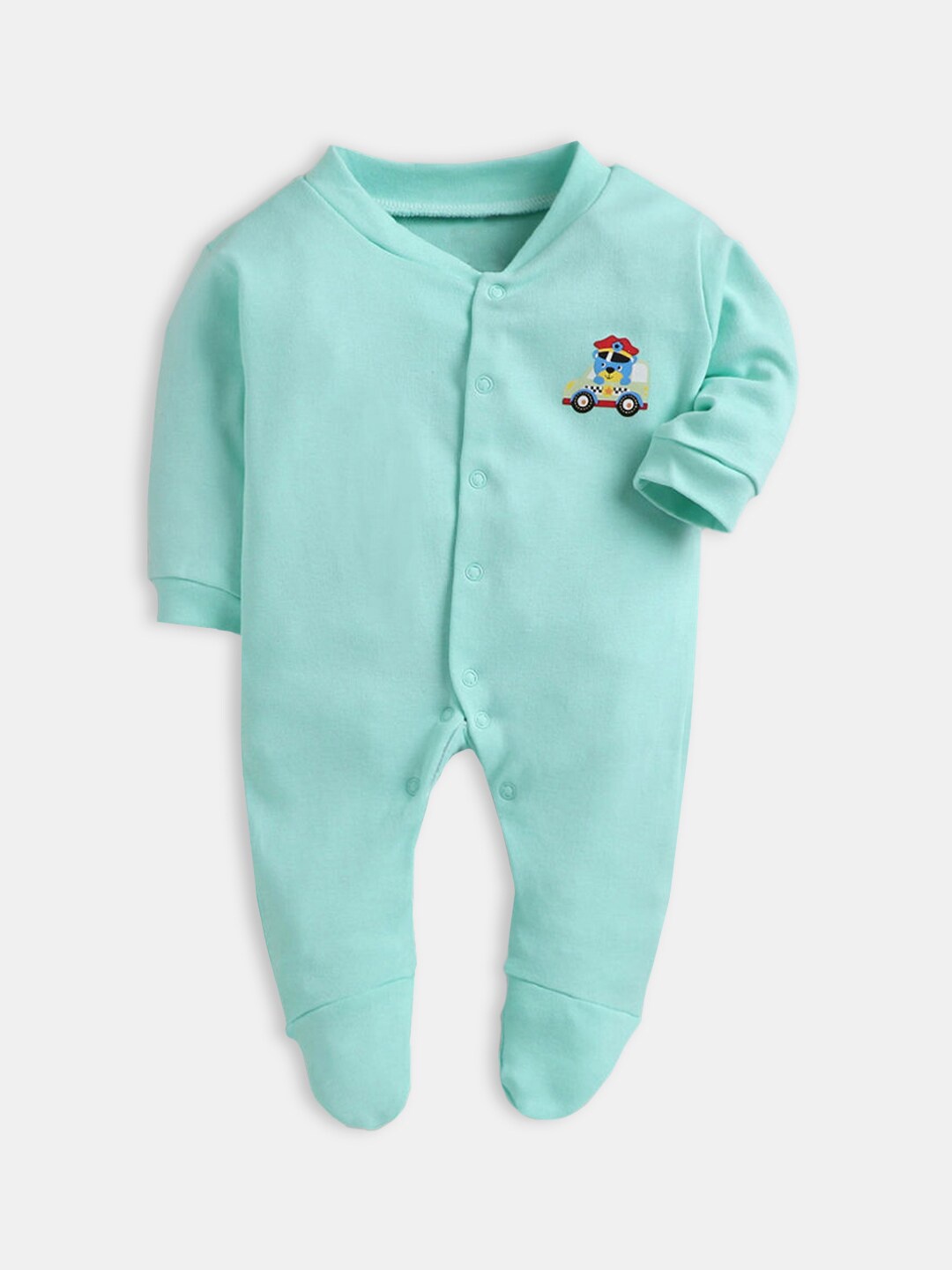 

Hopscotch Boys Turquoise Blue & Red Printed Cotton Sleepsuit