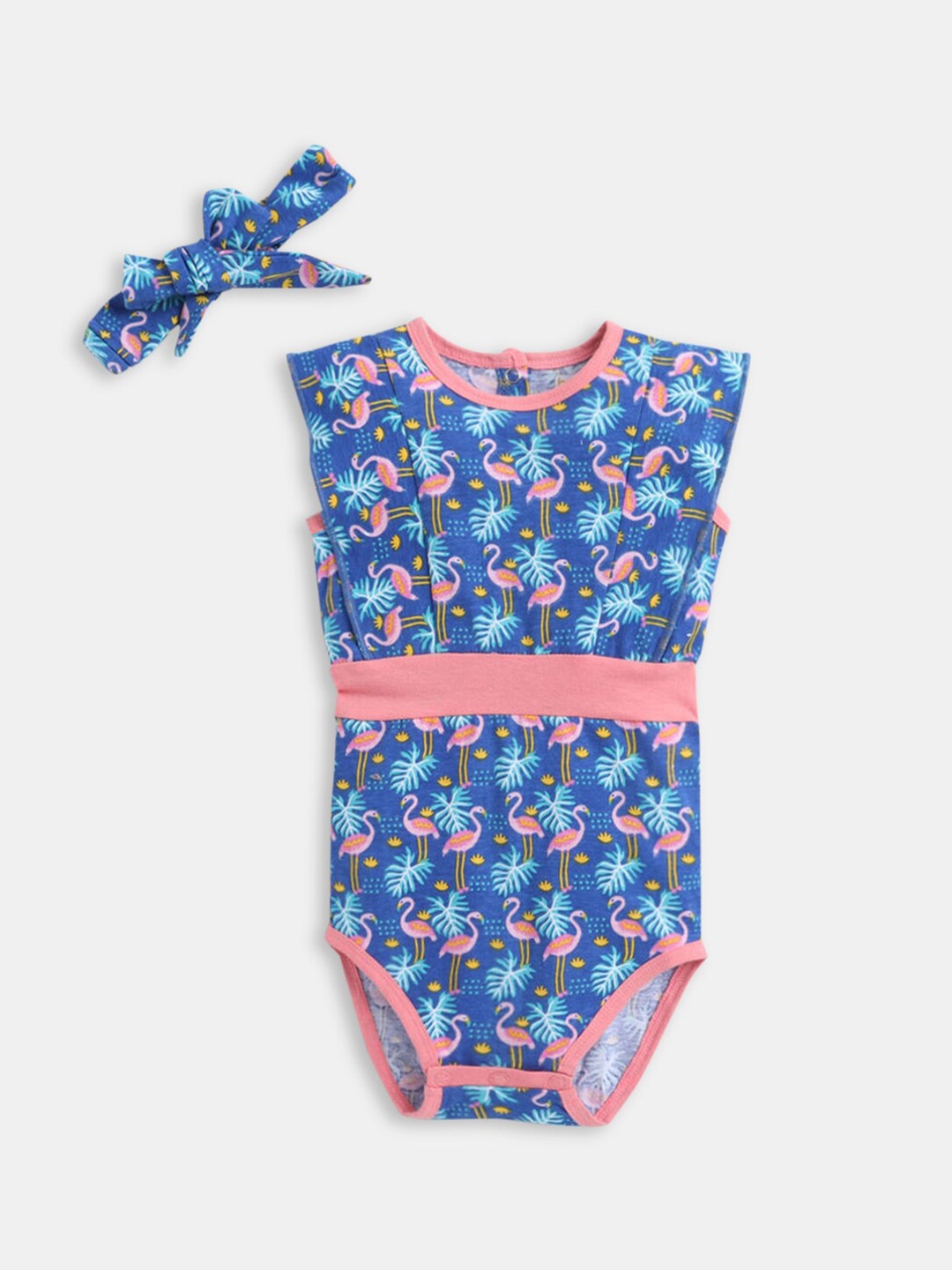 

Hopscotch Girls Blue & Pink Printed Cotton Bodysuit With Headband