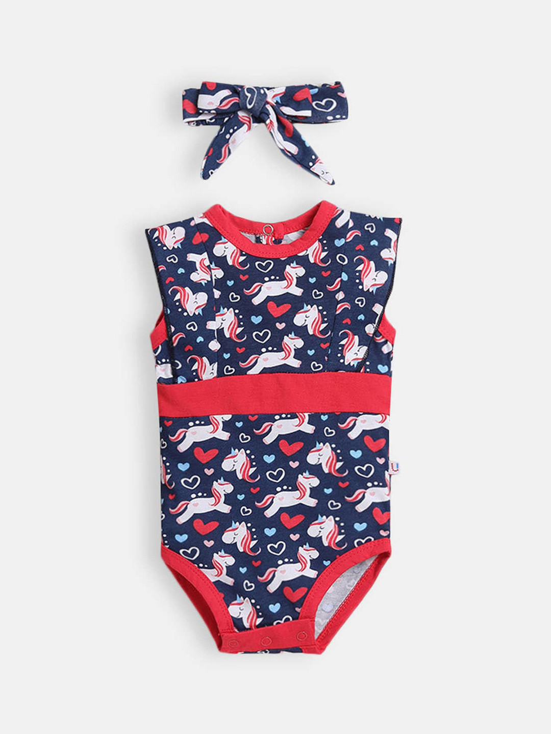 

Hopscotch Infant Girls Navy Blue Printed Cotton Bodysuit with Headband