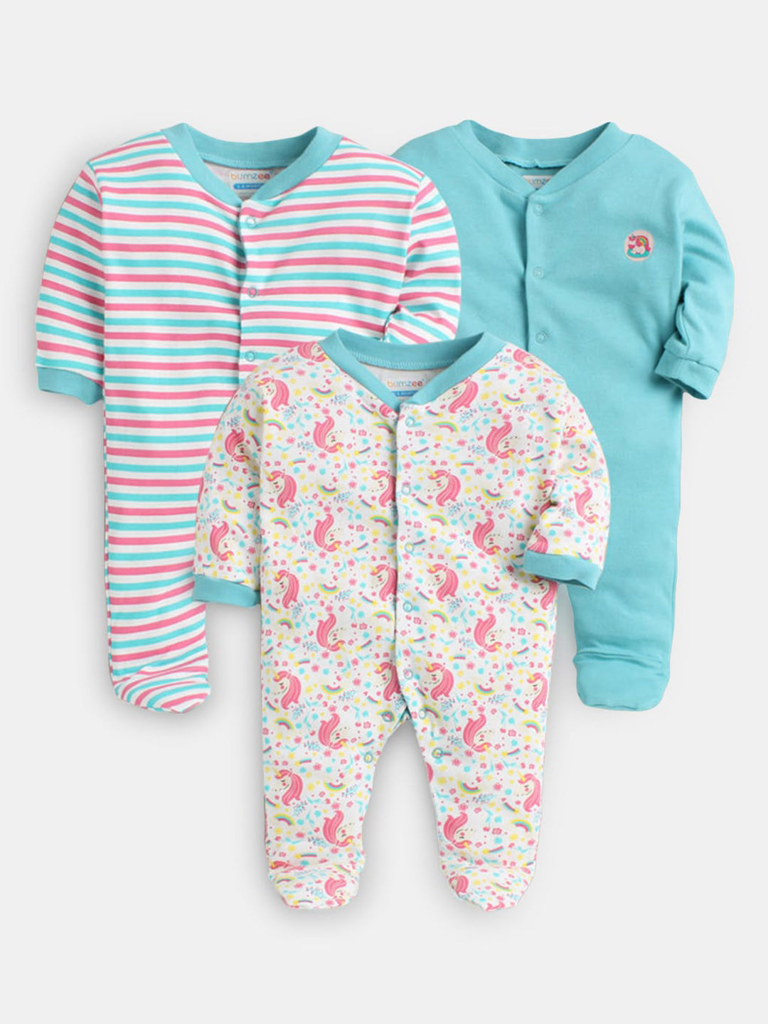 

Hopscotch Boys Pack of 3 Cotton Footie Rompers, Turquoise blue