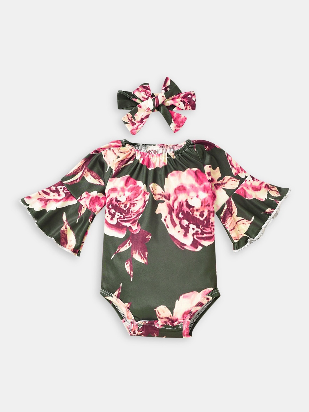 

Hopscotch Girls Green & Peach Printed Full Sleeve Bodysuit with Headband