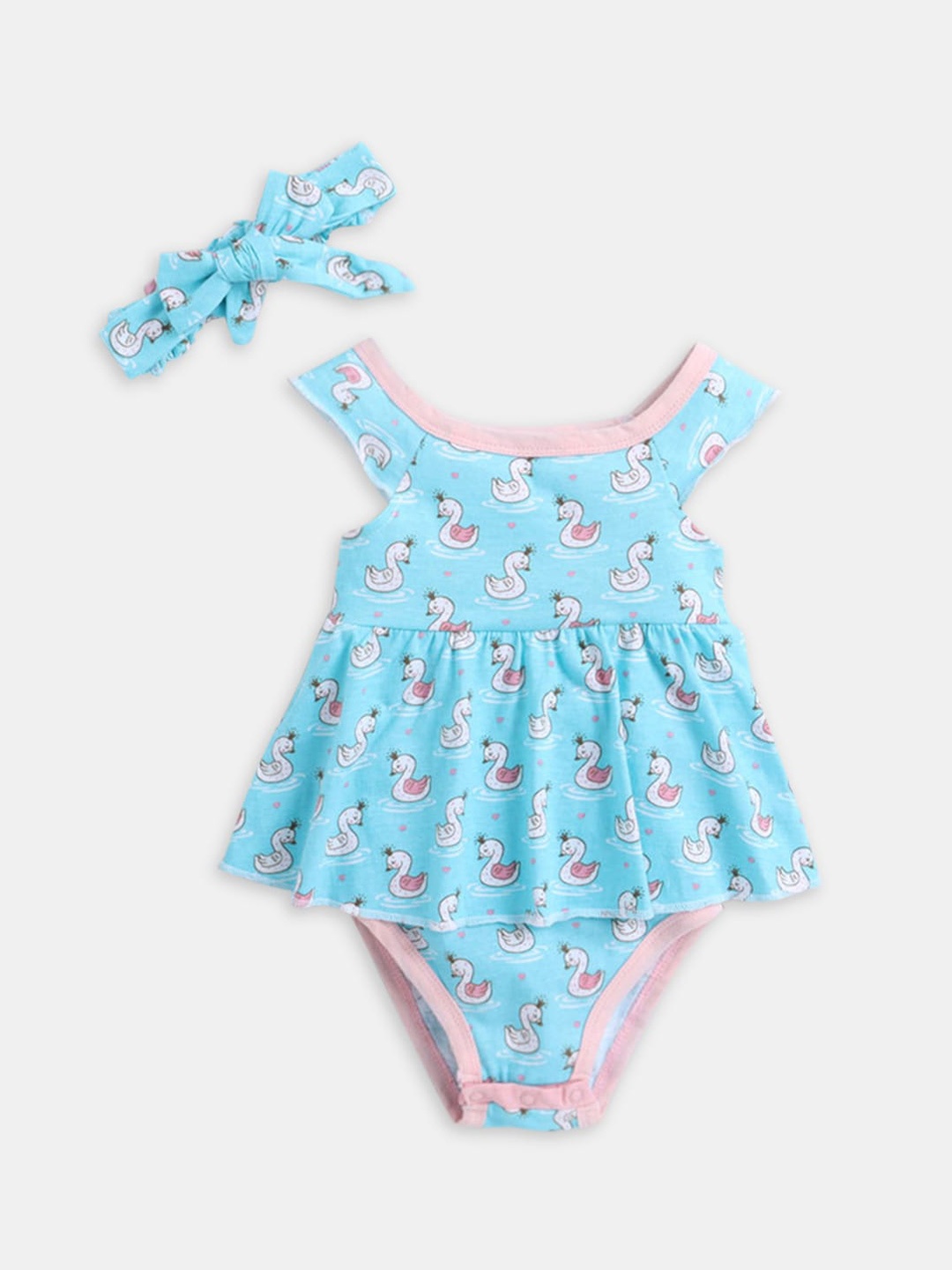 

Hopscotch Infant Girls Blue & Pink Printed Cotton Bodysuit & Headband