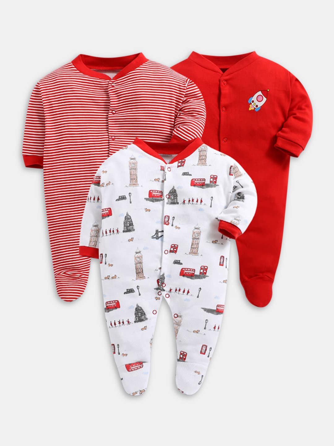 

Hopscotch Kids Pack Of 3 Red & White Printed Pure Cotton Sleepsuits