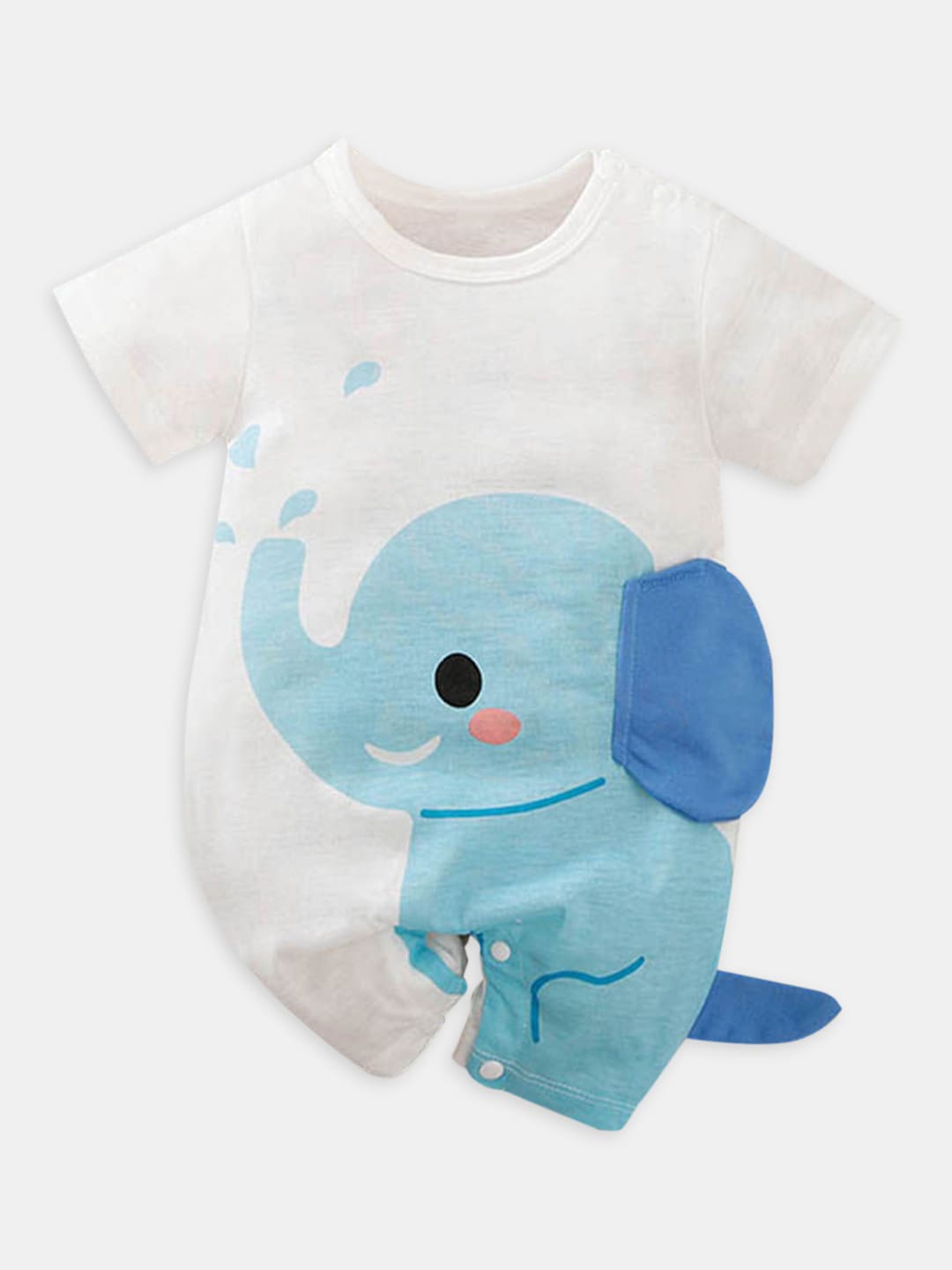 

Hopscotch Kids White & Blue Elephant Printed Rompers