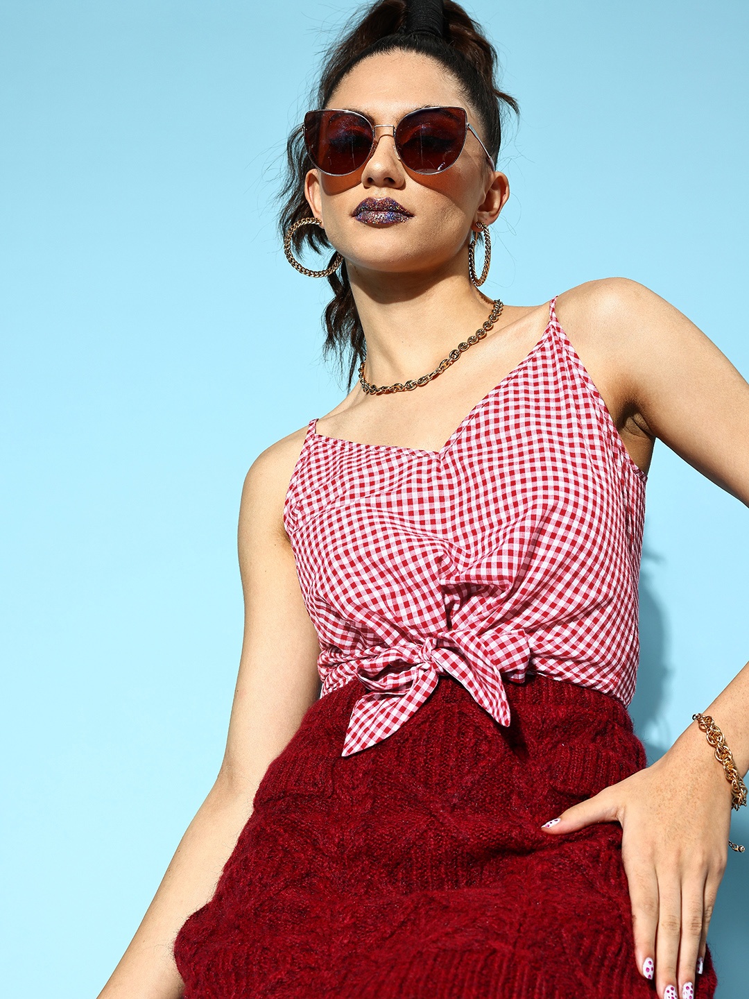 

Berrylush Red Checked Twist & Knot Top