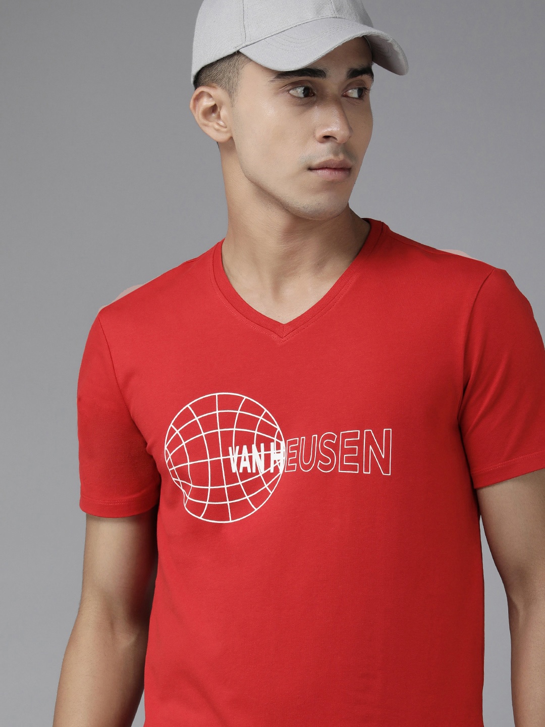 Van Heusen Men Brand Logo Printed Slim Fit Training T-shirt, Red