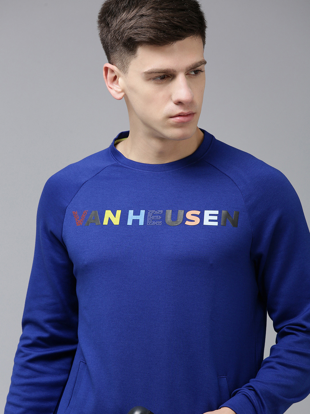 

Van Heusen Flex Men Brand Logo Print Knitted Sports Active Fit Sweatshirt, Blue