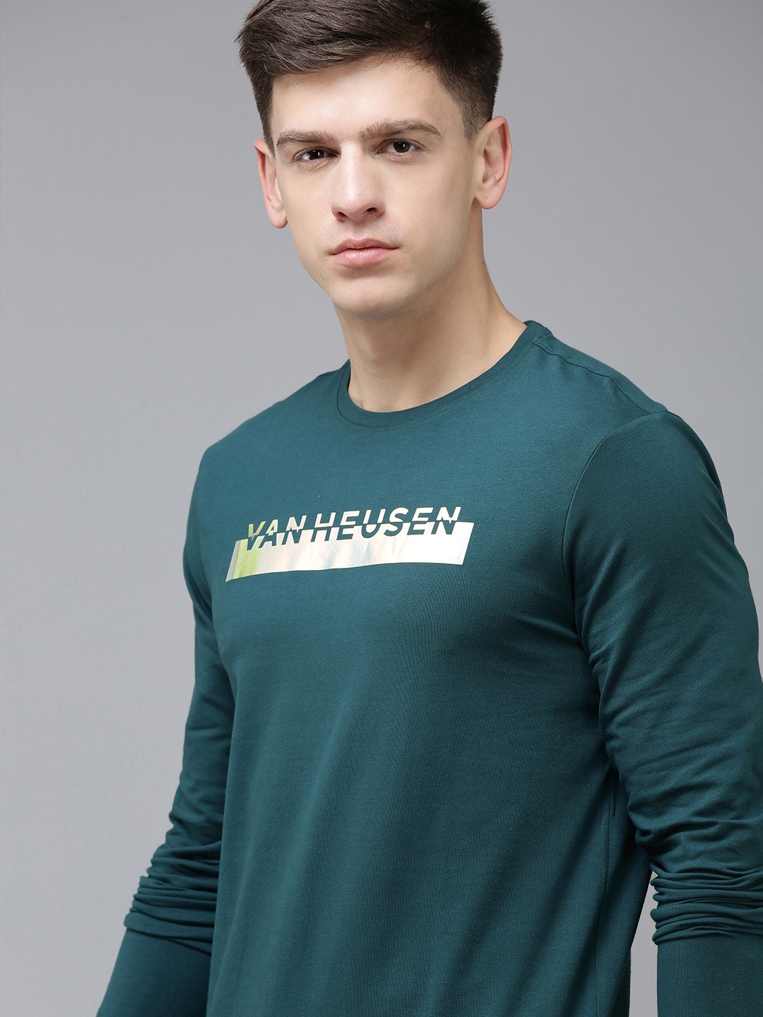 

Van Heusen Flex Brand Logo Printed Slim Fit T-shirt, Teal