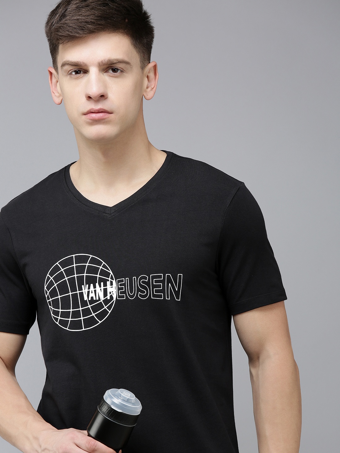 

Van Heusen Flex Men Brand Logo Printed V-Neck Yoga T-shirt, Black