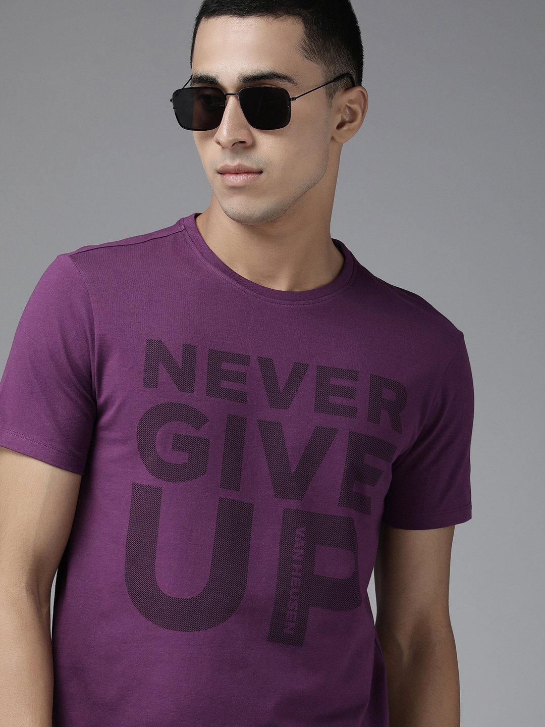 

Van Heusen Flex Men Typography Printed Slim Fit Training T-shirt, Purple