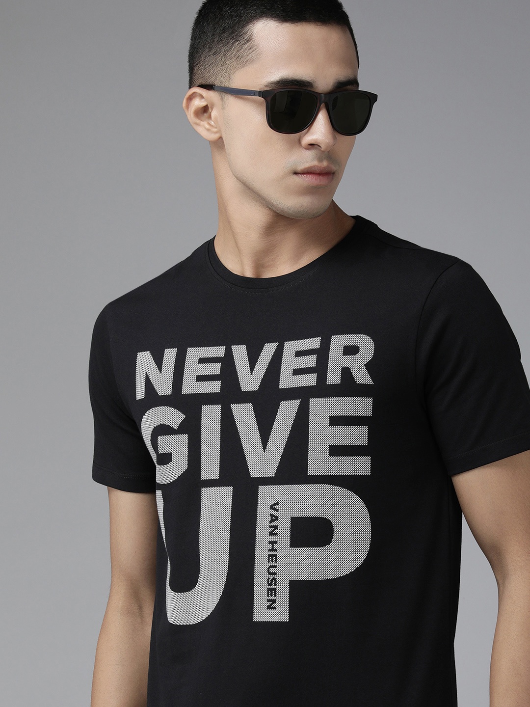 

Van Heusen Flex Men Black Typography Printed Slim Fit Sports T-shirt