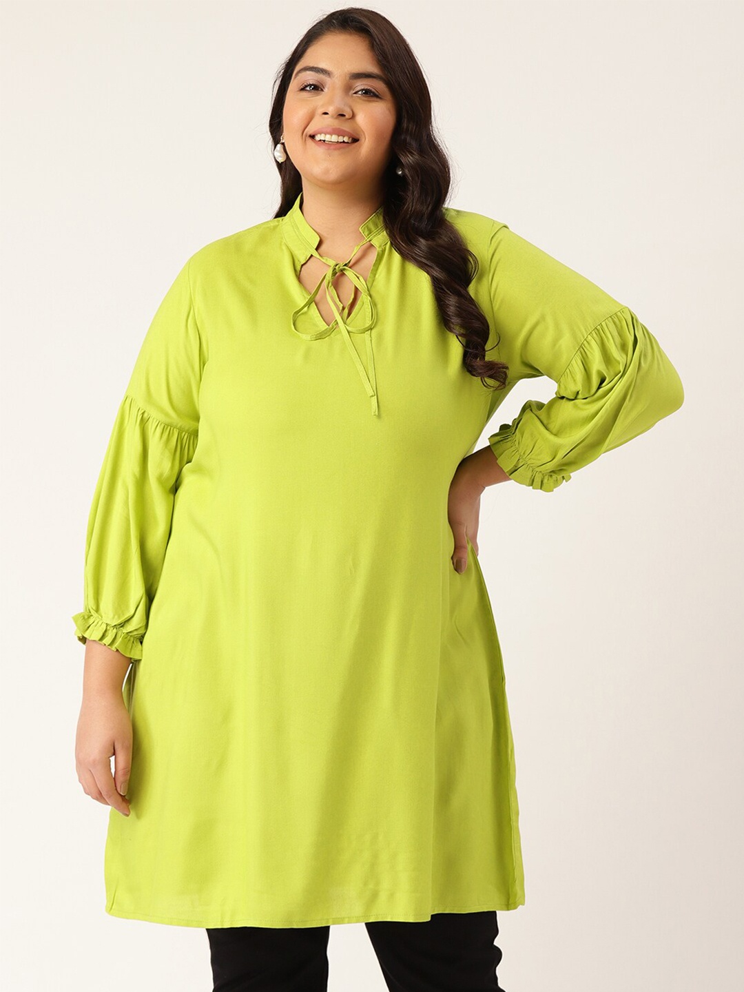 

theRebelinme Plus-Size Green Solid Tie-Up Neck Tunic