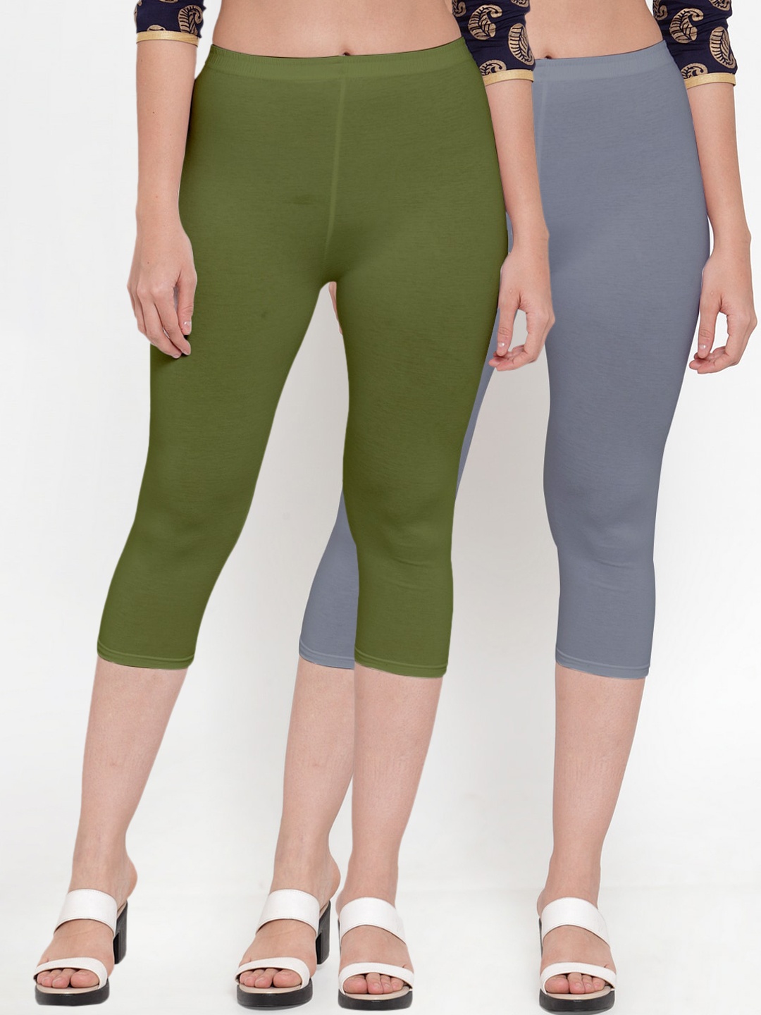 

GRACIT Women Pack of 2 Grey & Olive Green Cotton Slim Fit Capris