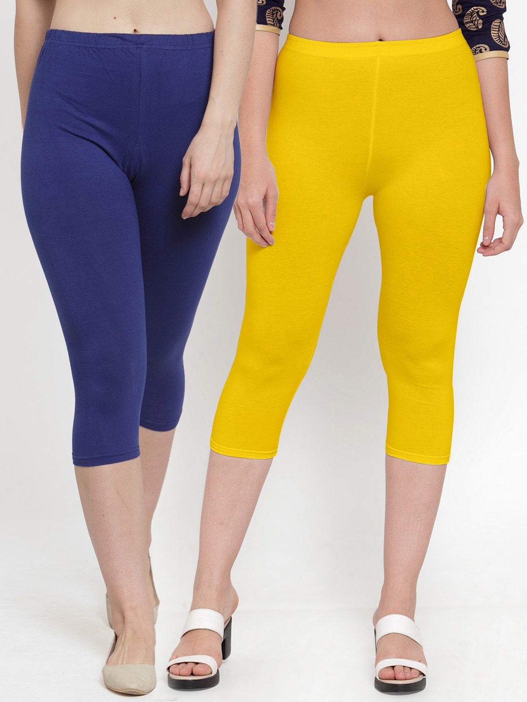 

GRACIT Women Pack Of 2 Blue And Yellow Cotton Capris