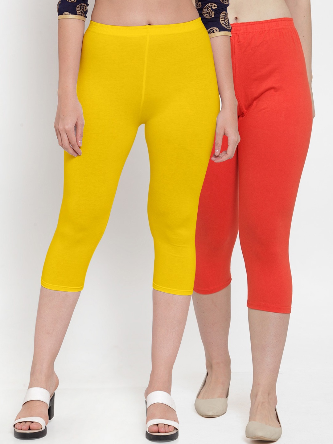 

GRACIT Women Yellow & Orange Pack Of 2 Slim Fit Cotton Capris