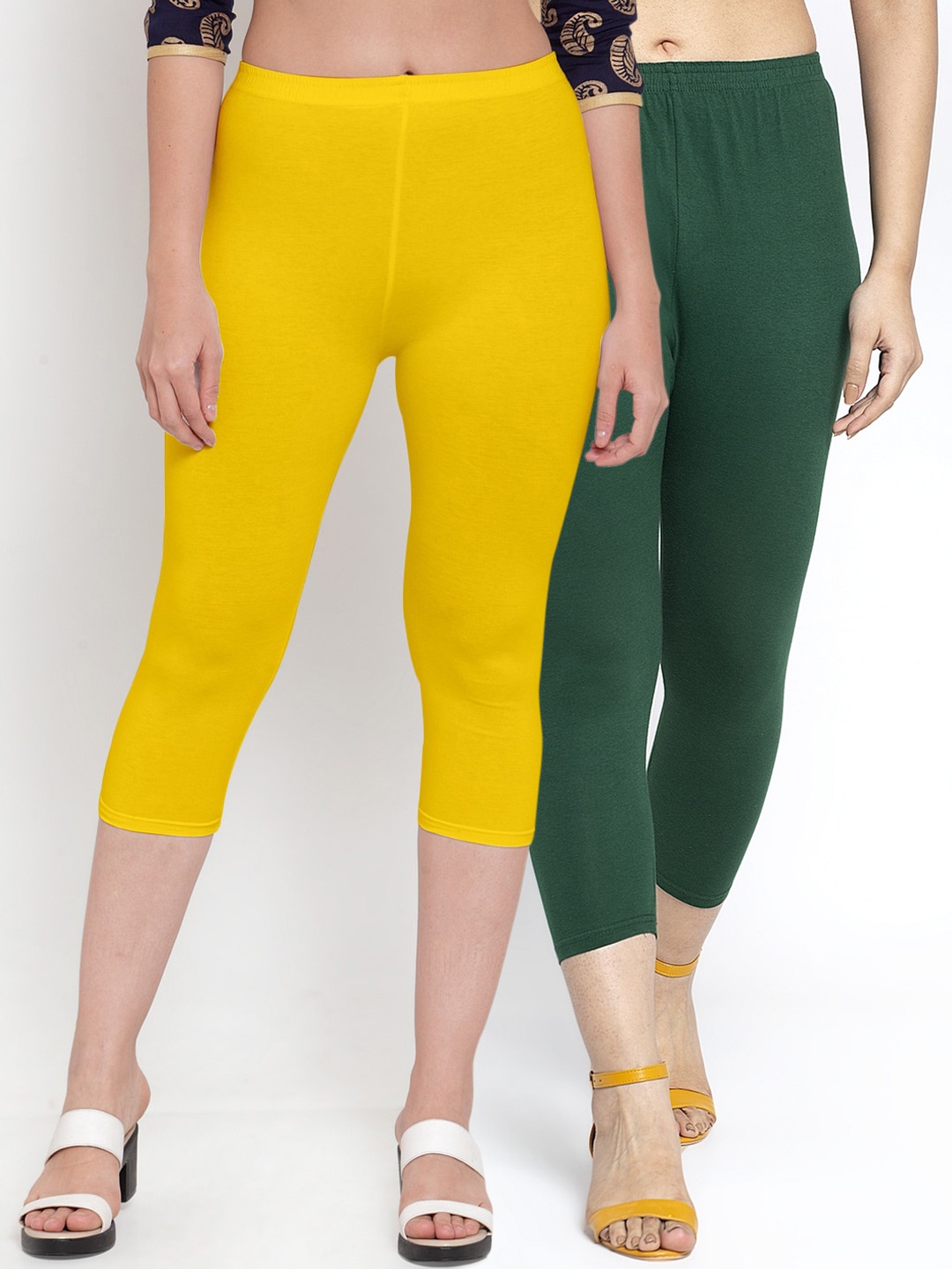 

GRACIT Women Pack Of 2 Yellow & Green Cotton Lycra Capris