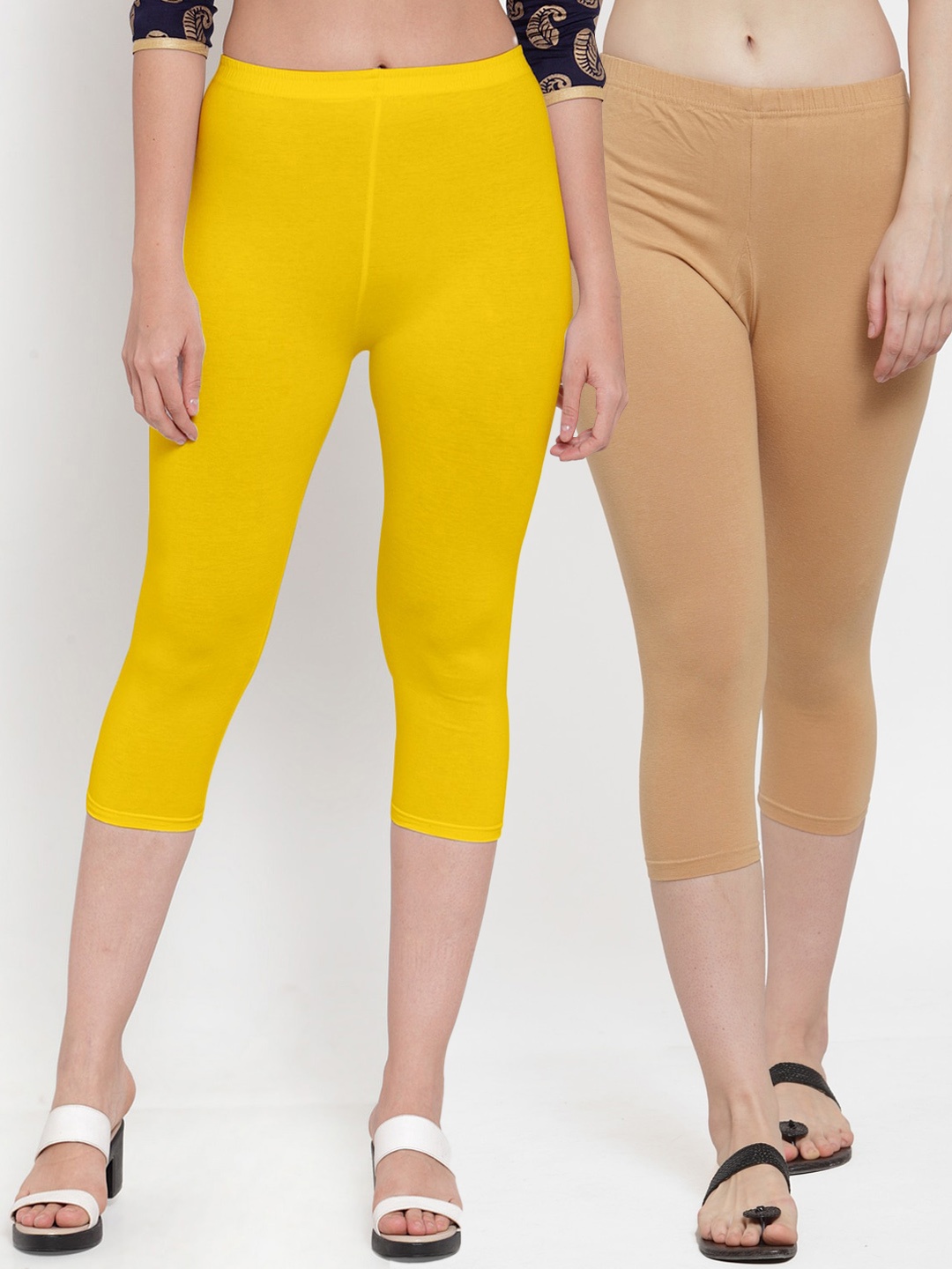 

GRACIT Women Pack of 2 Yellow & Beige Cotton Lycra Capris