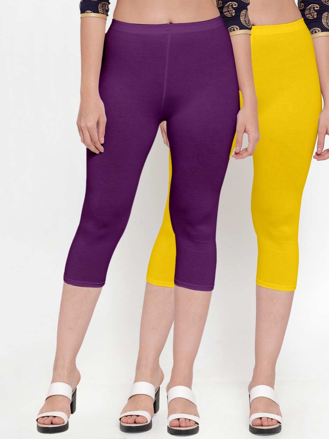 

GRACIT Women Pack Of 2 Yellow And Purple Cotton Capris