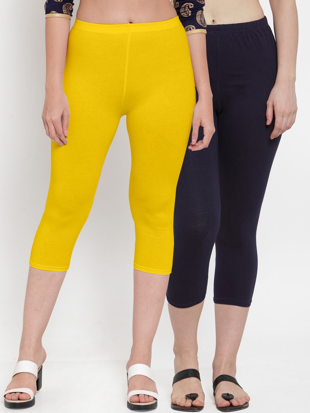 

GRACIT Women Pack of 2 Yellow & Navy Blue Capris