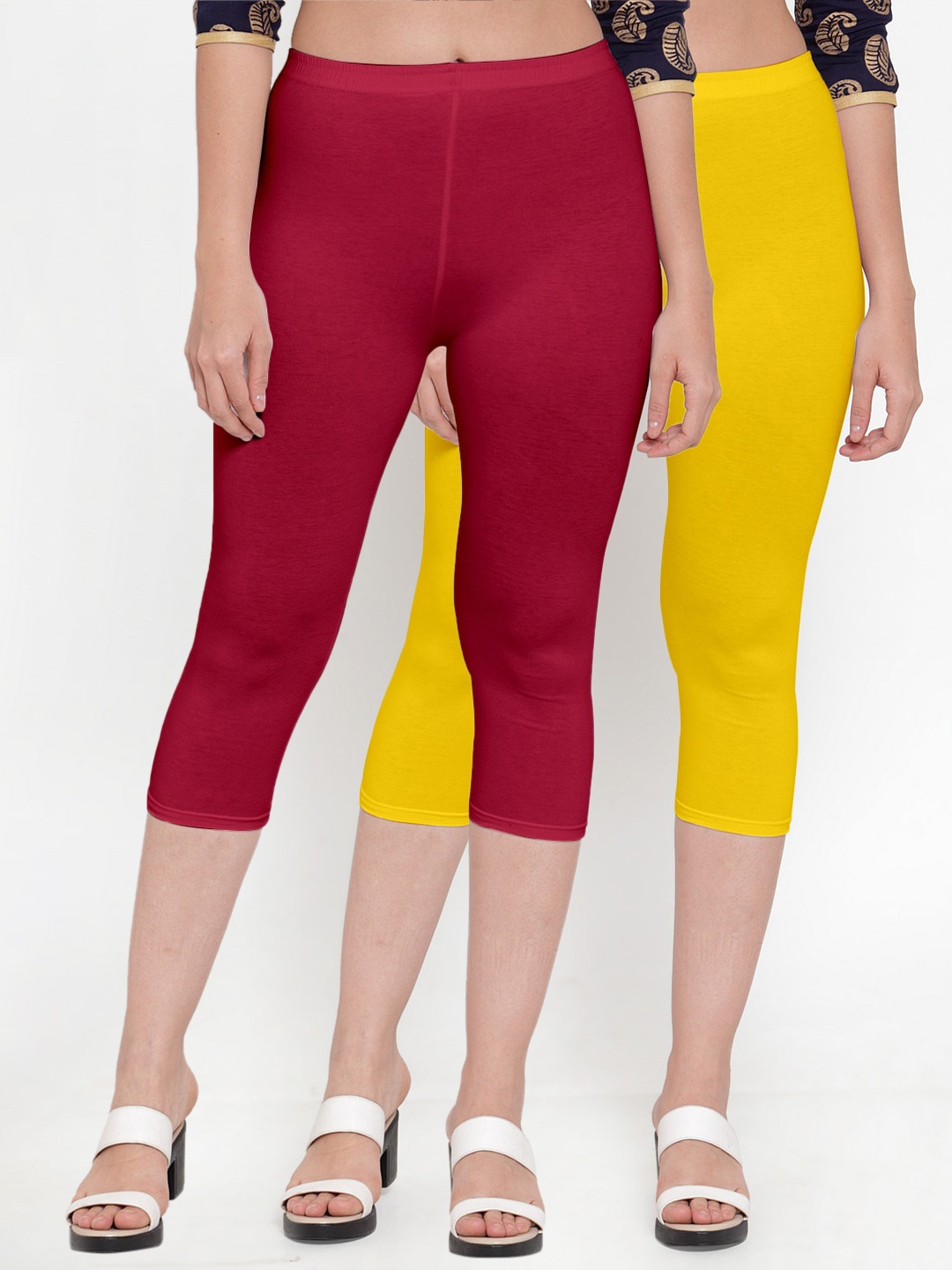 

GRACIT Women Yellow & Maroon Set Of 2 Solid Slim Fit Cotton Capris