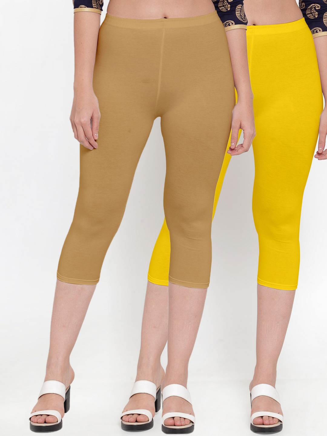 

GRACIT Pack Of 2 Women Yellow & Beige Cotton Capris