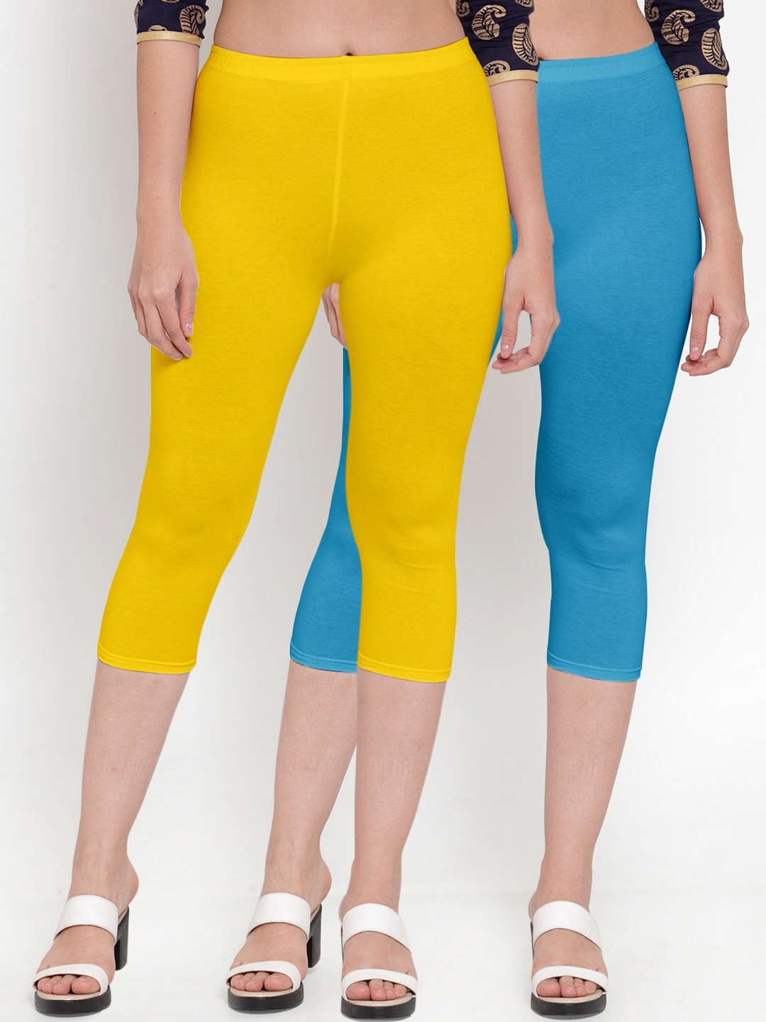 

GRACIT Women Pack of 2 Yellow & Blue Solid Capris