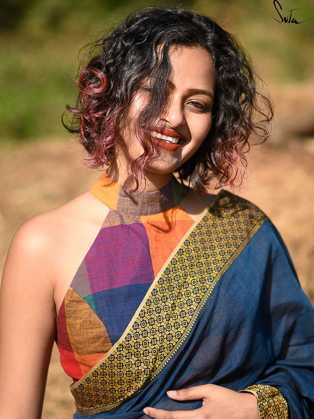 

Suta Women Blue & Orange Colored Checked Printed Cotton Saree Blouse