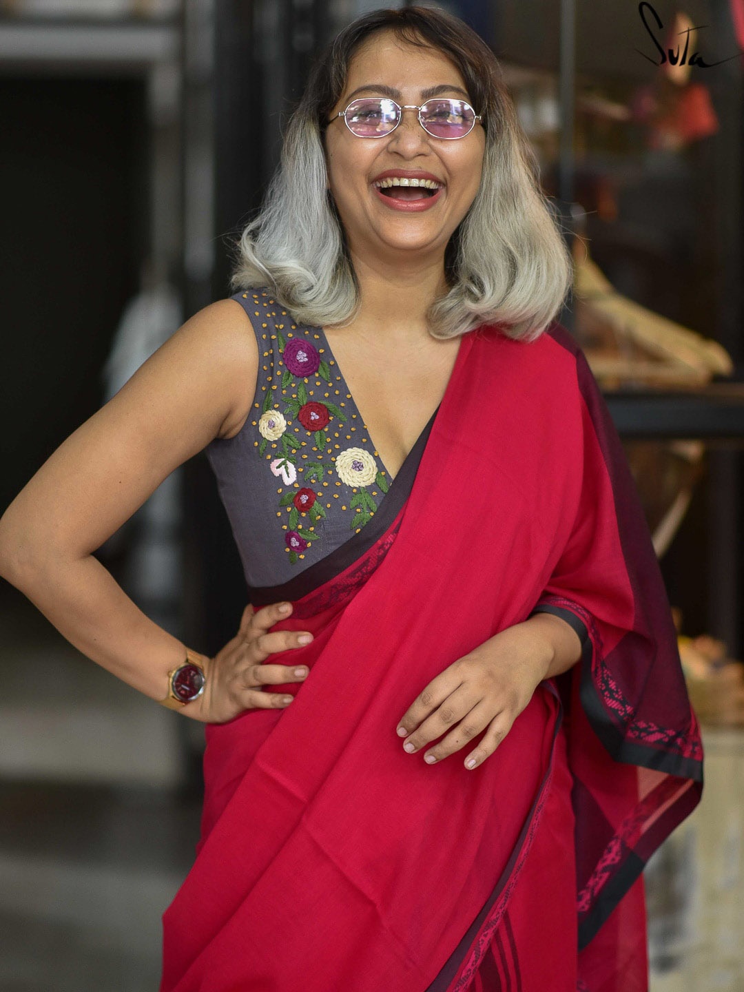 

Suta Grey Embroidered Cotton Saree Blouse