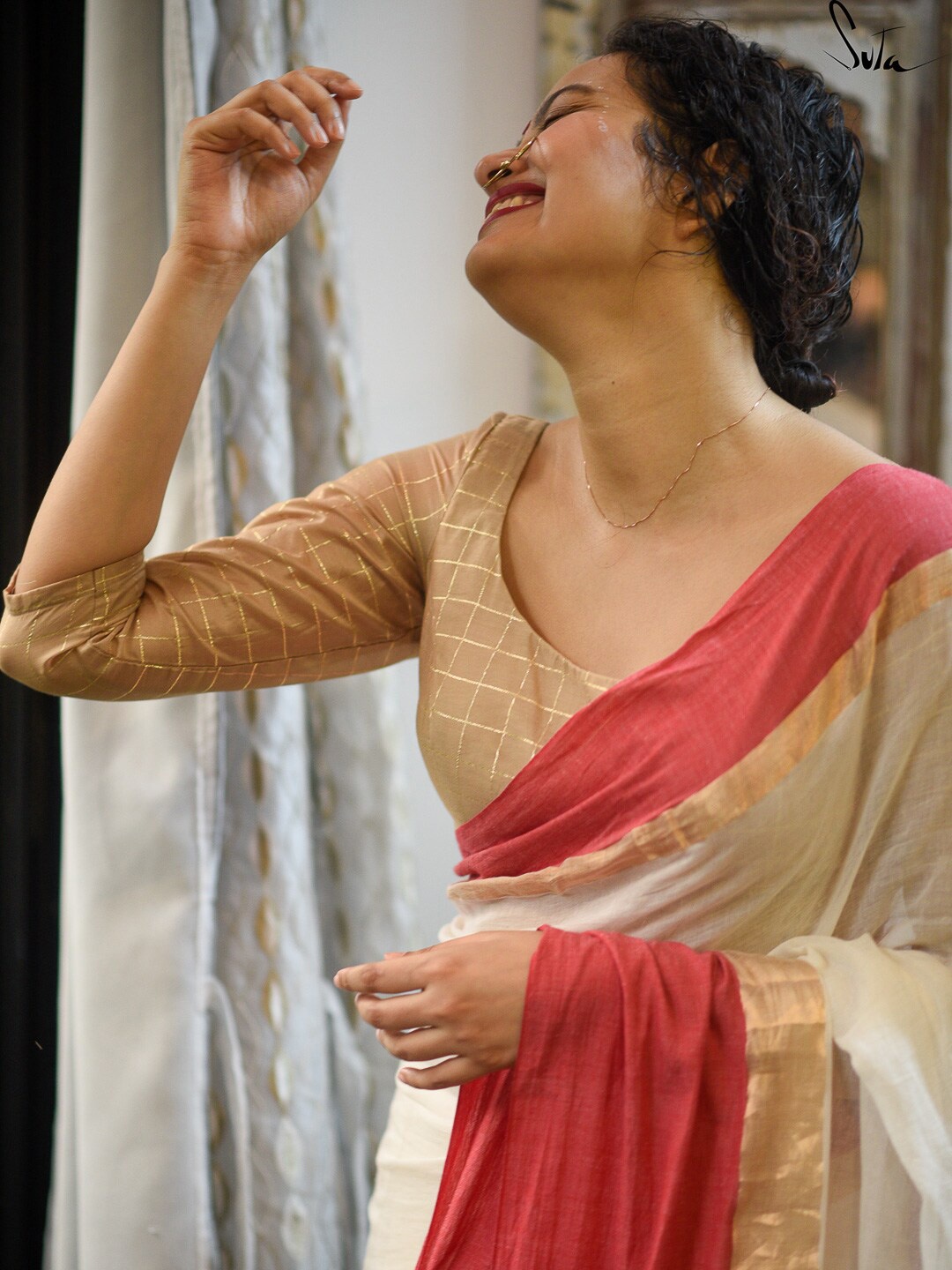 

Suta Women Gold-Toned Checked Rayon Saree Blouse