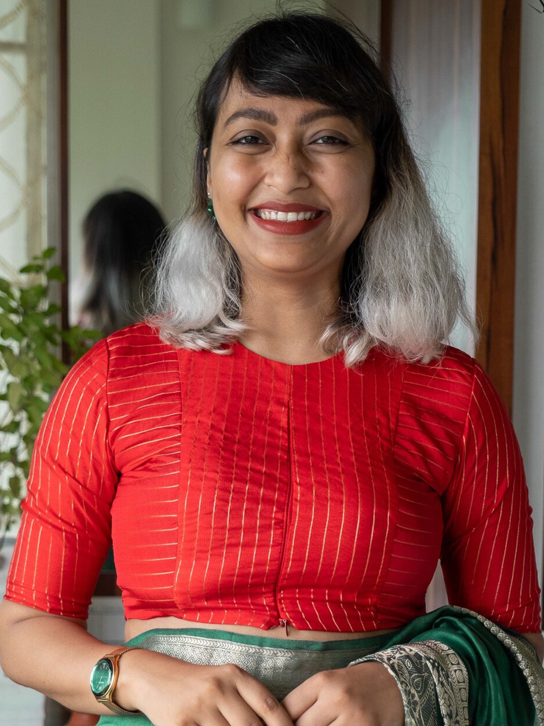 

Suta Red Zari Striped Chanderi Saree Blouse