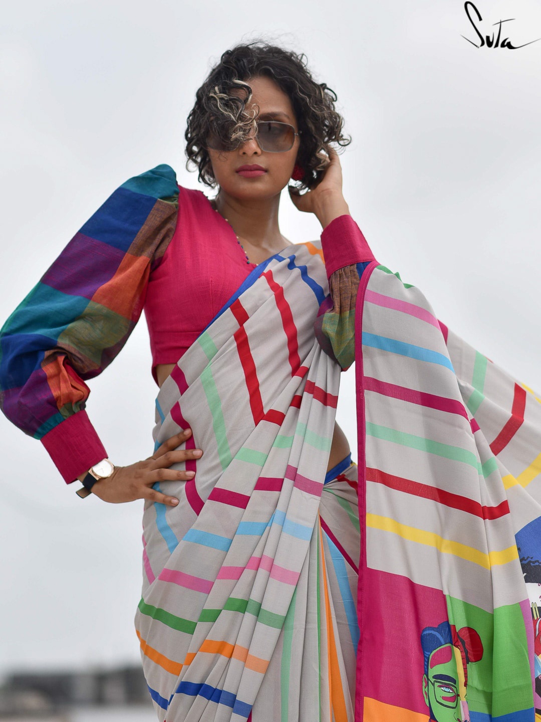 

Suta Checkered Cotton Saree Blouse, Pink