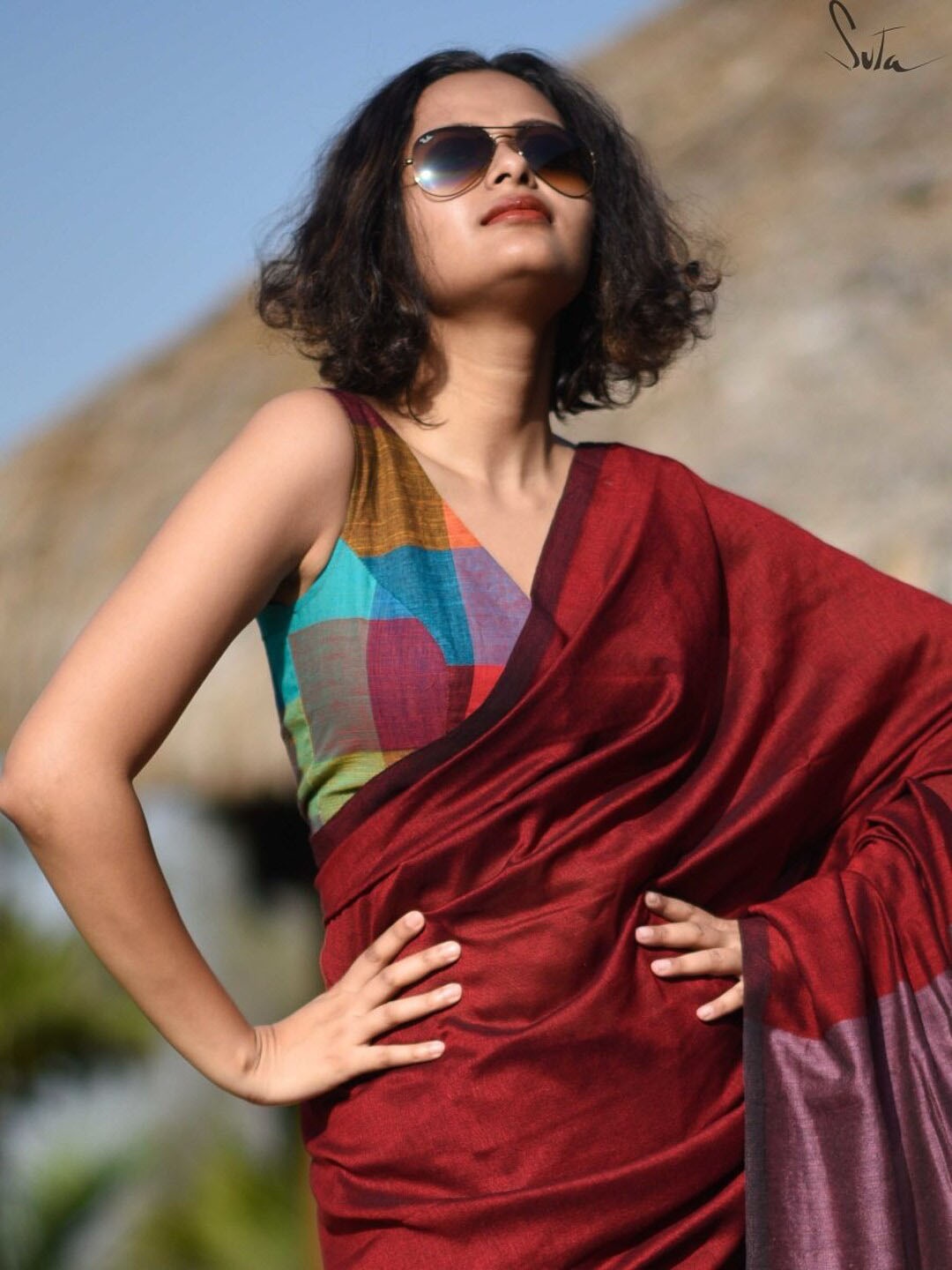 

Suta Multi-Coloured Checkered Cotton Saree Blouse