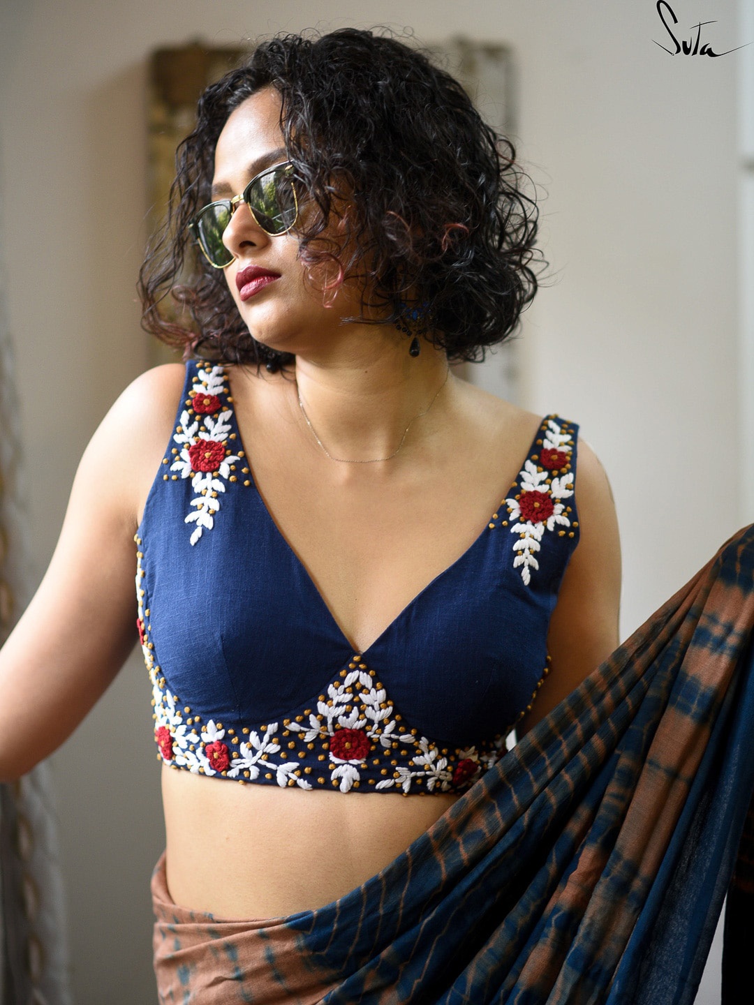 

Suta Blue Embroidered Cotton Saree Blouse