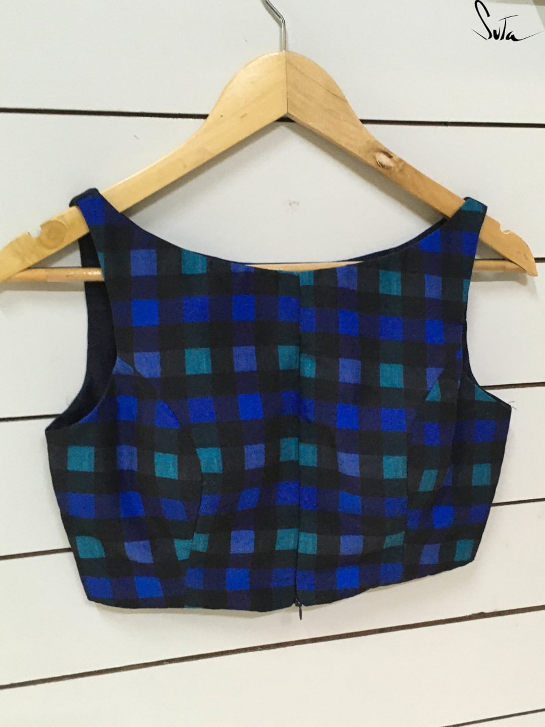 

Suta Women Blue Checked Cotton Saree Blouse, Multi