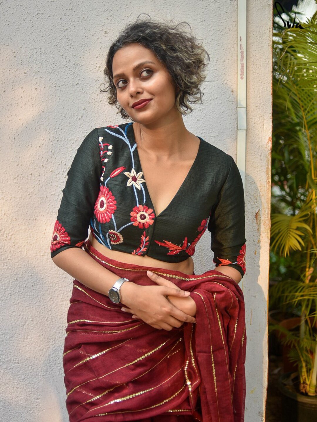 

Suta Green & Pink Embroidered Saree Blouse
