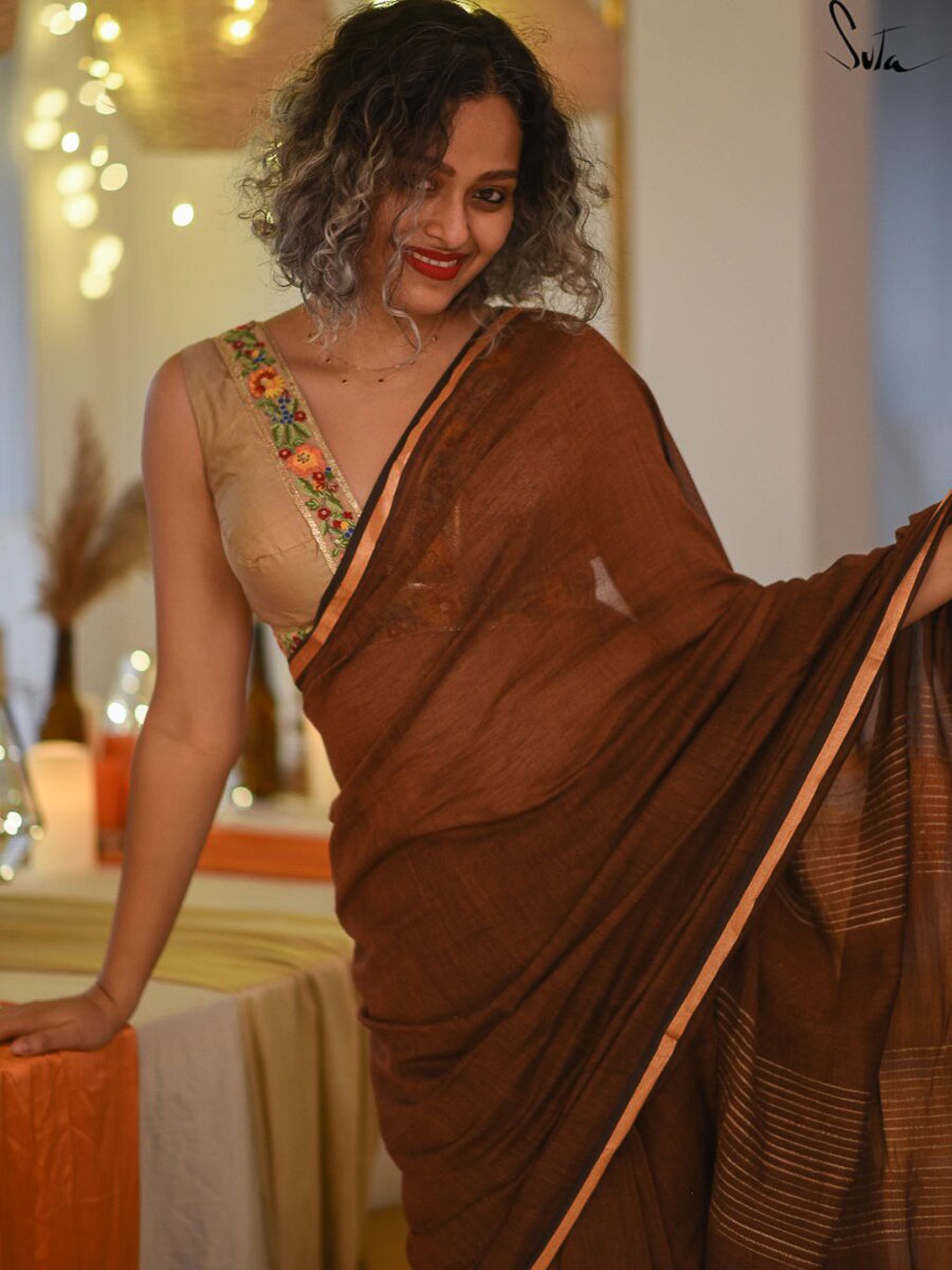 

Suta Women Beige & Green Embroidered Silk Saree Blouse