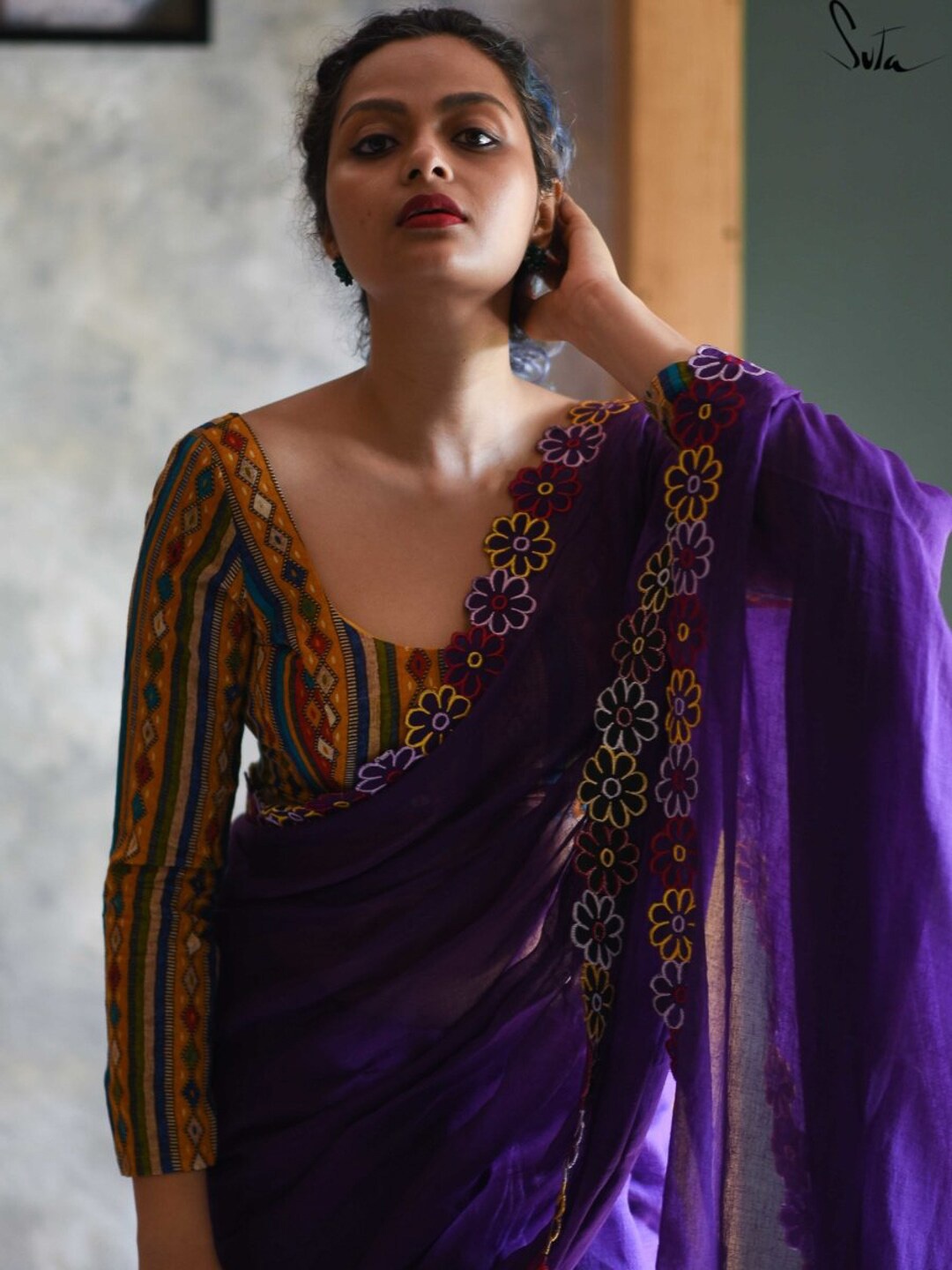 

Suta Women Blue & Yellow Printed Saree Blouse