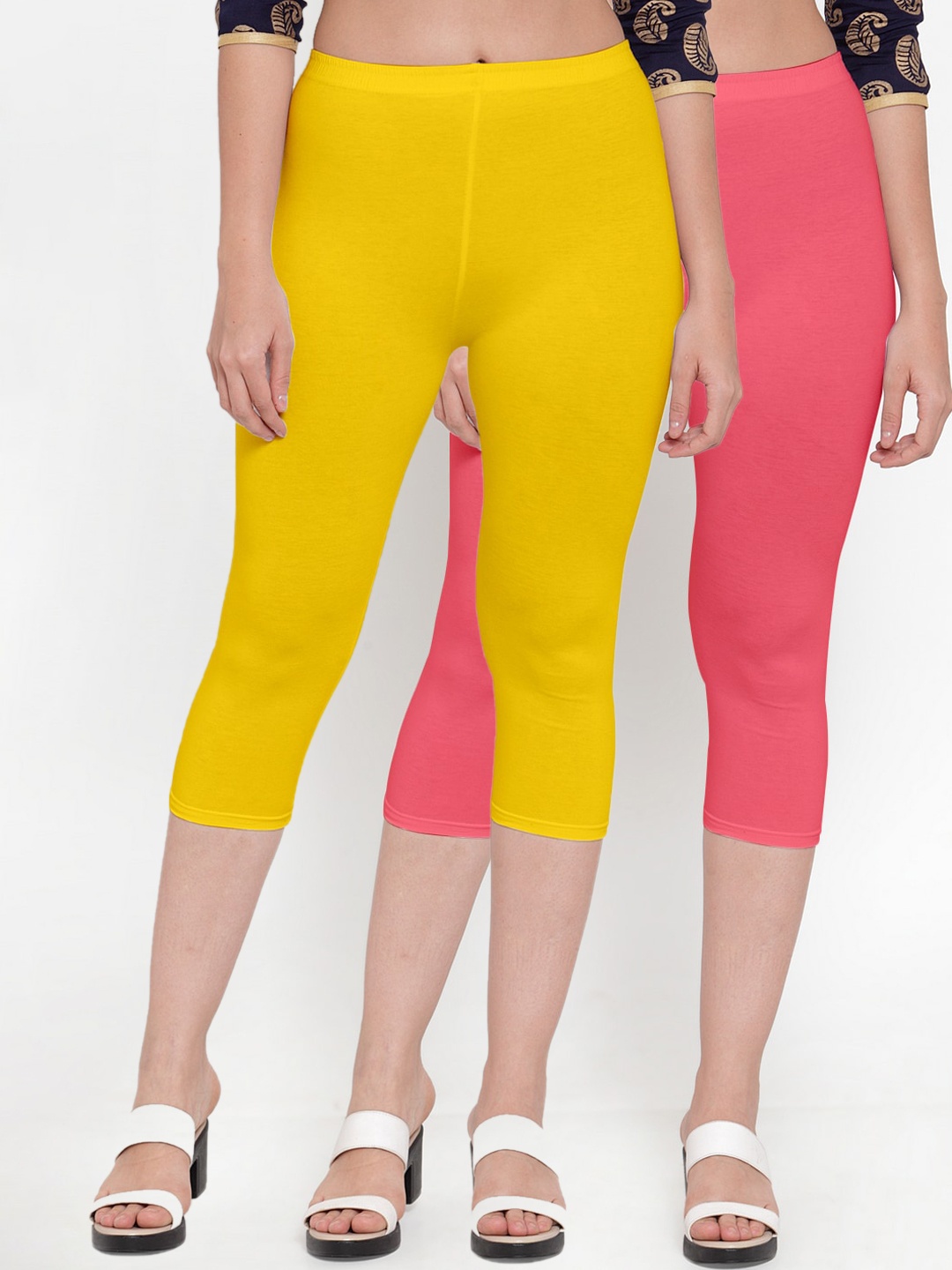 

Jinfo Women Yellow & Pink Set Of 2 Solid Slim Fit Capris