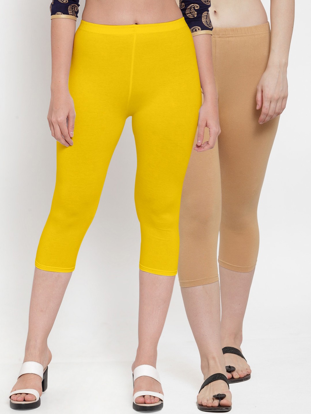 

Jinfo Women Yellow & Beige Pack Of 2 Capris