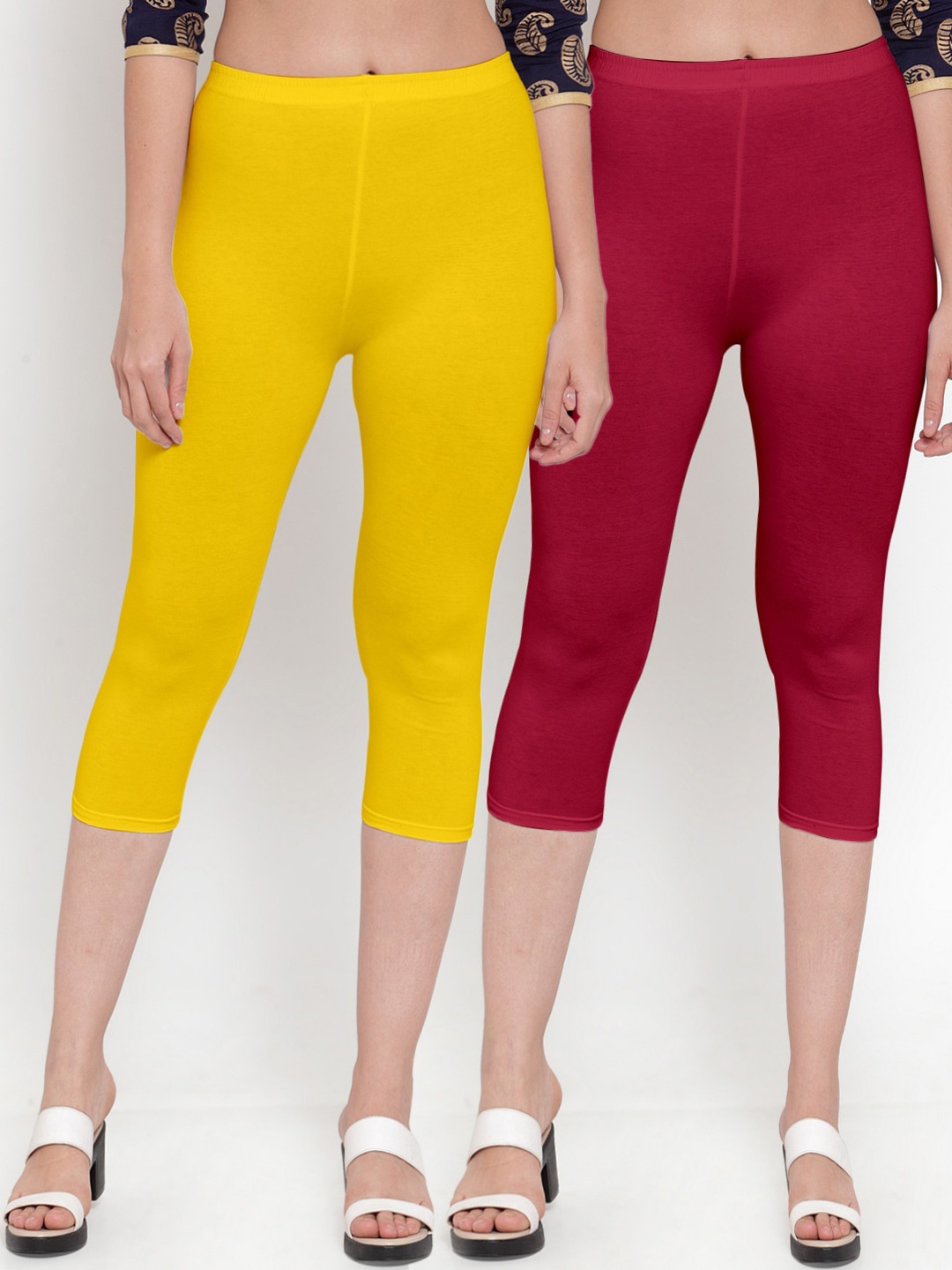 

Jinfo Pack of 2 Women Yellow & Maroon Capris