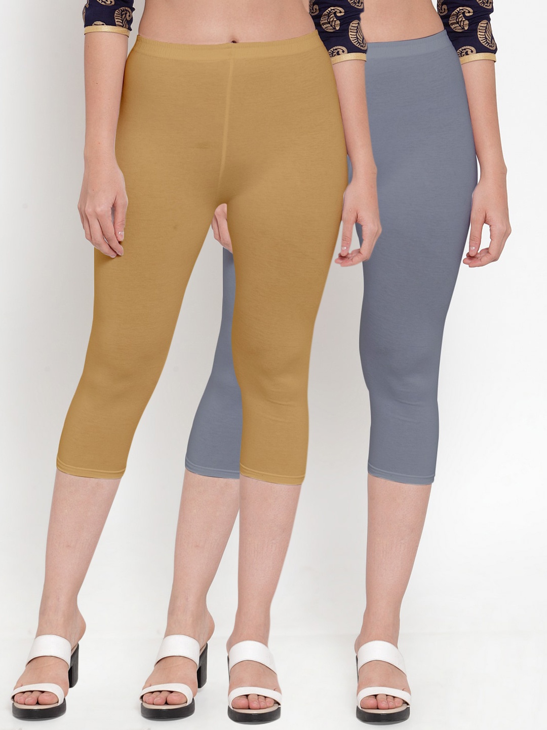 

Jinfo Women Grey & Beige Pack Of 2 Slim Fit Cotton Capris