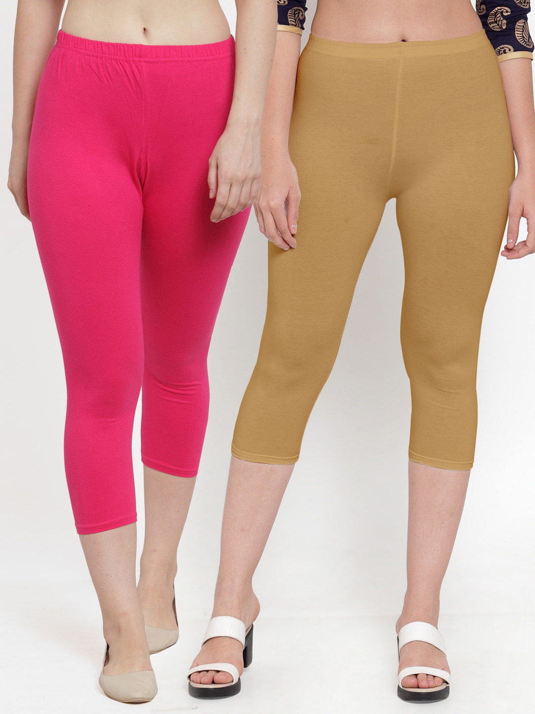 

Jinfo Women Pack of 2 Soild Pink & Beige Capris