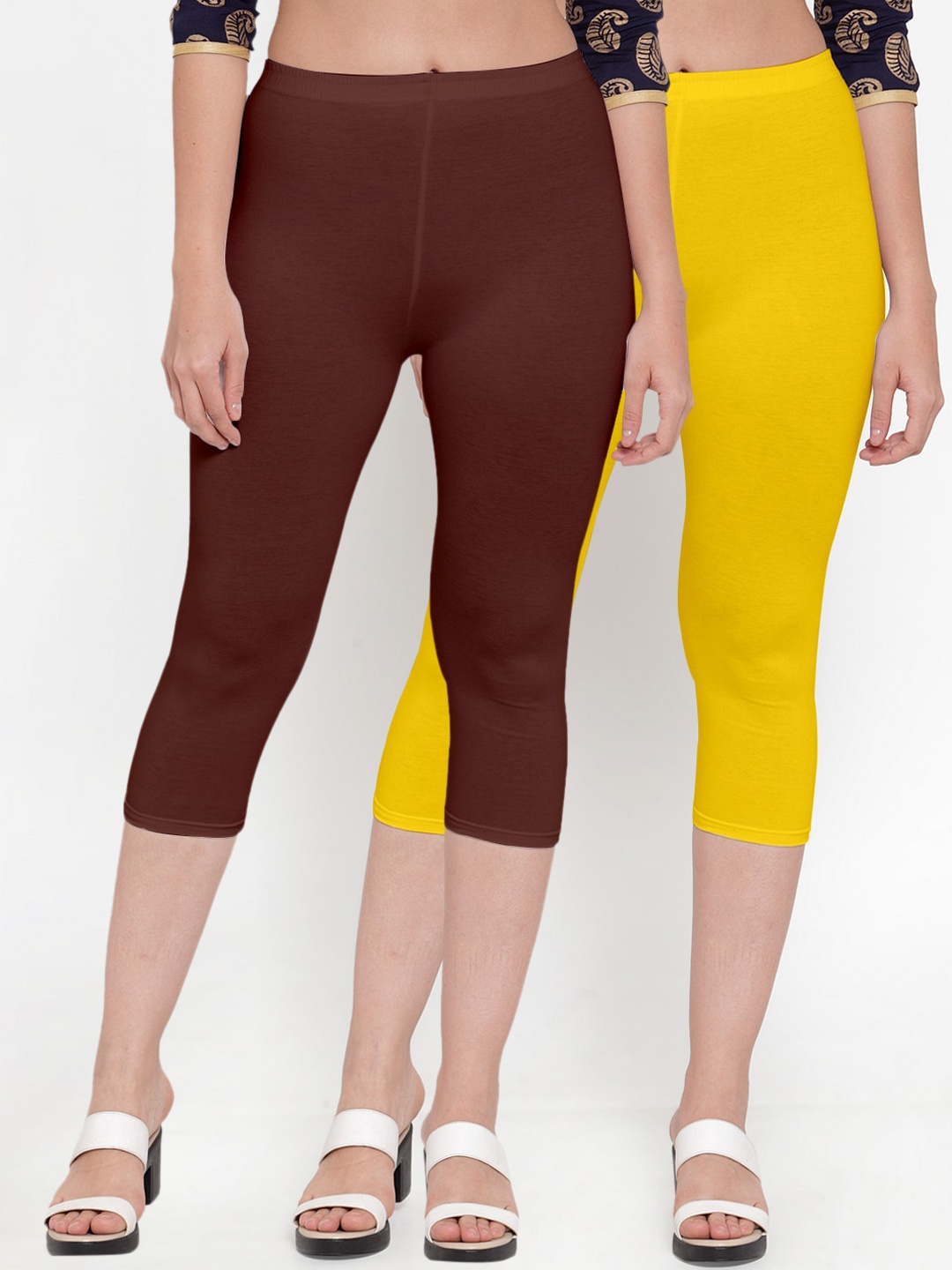 

Jinfo Women Yellow & Brown Pack Of 2 Capris