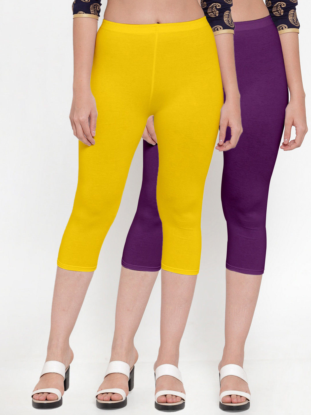 

Jinfo Women Yellow & Purple Pack Of 2 Cotton Capris