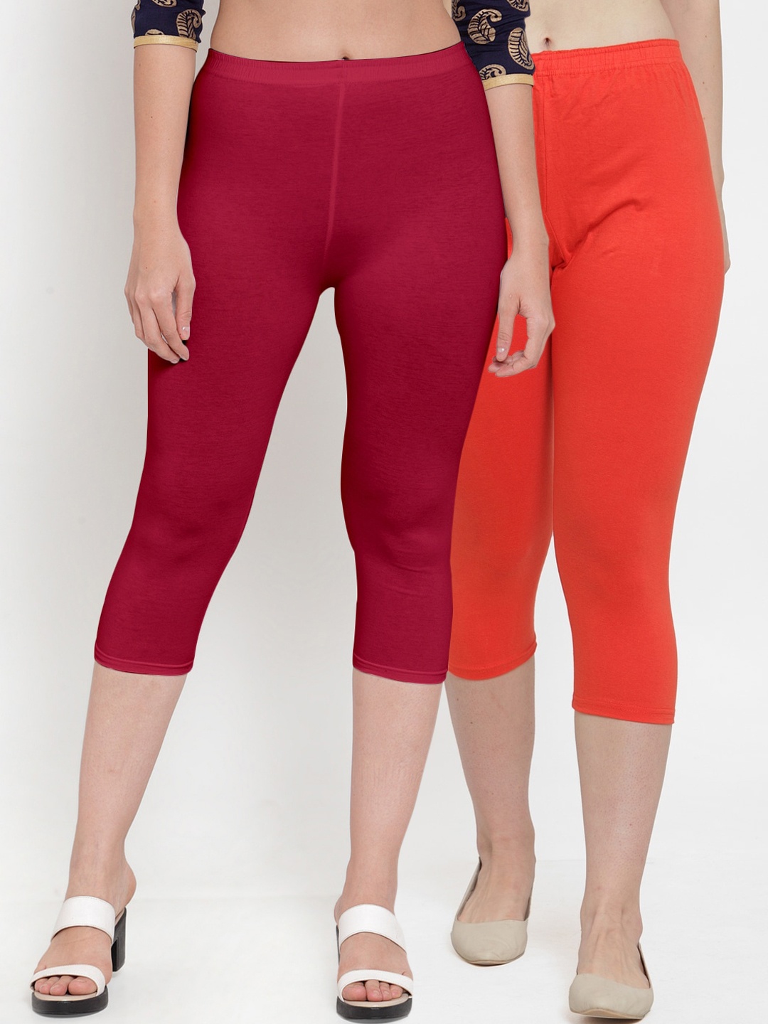 

Jinfo Women Pack of 2 Orange & Maroon Cotton Lycra Capris