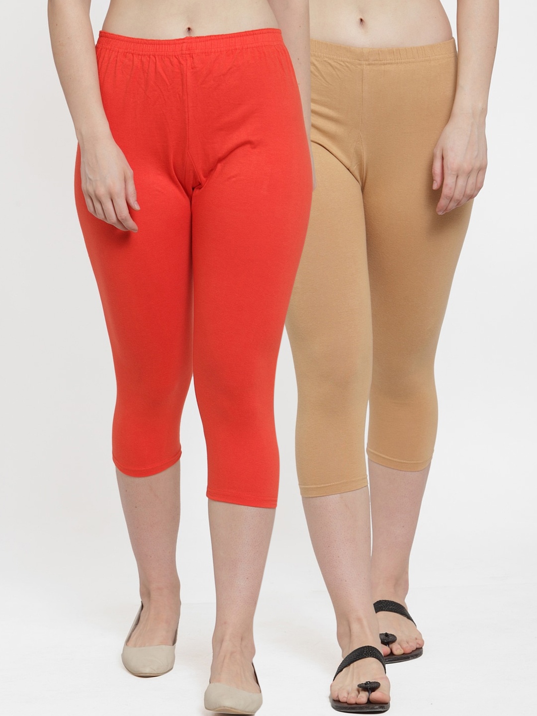 

Jinfo Women Pack of 2 Orange & Beige Capris